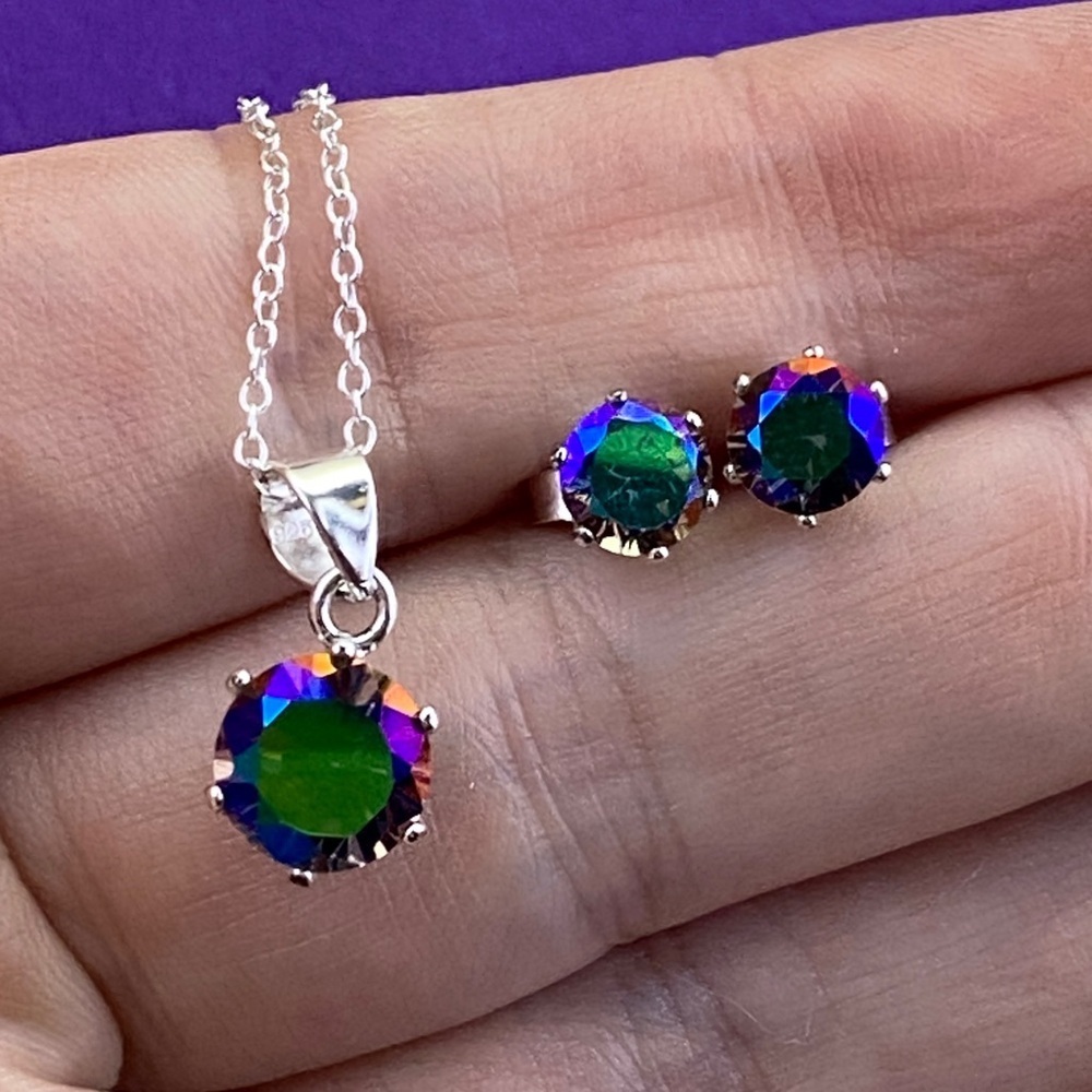 💛 Sterling Silver Mystic Topaz Necklace and Earring Set | Iridescent Color Shift - Picture 8 of 8